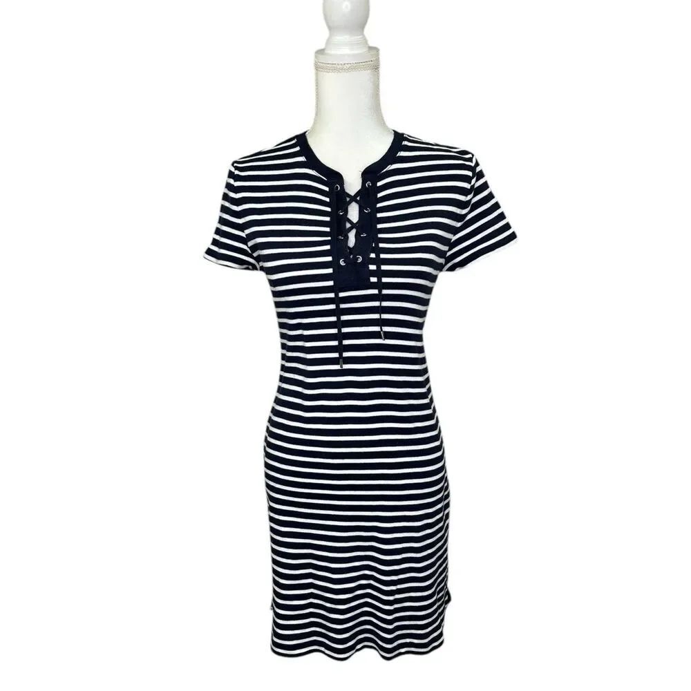 Chaps Nautical Petite Large Navy White Striped Lace-Up T-Shirt Dress Casual
